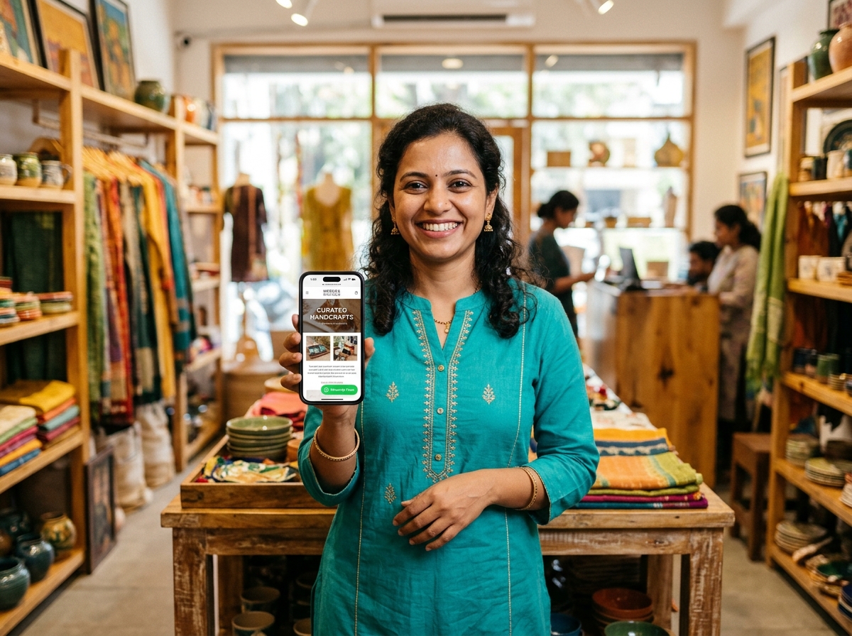 Indian shop owner holding phone displaying her website with WhatsApp button