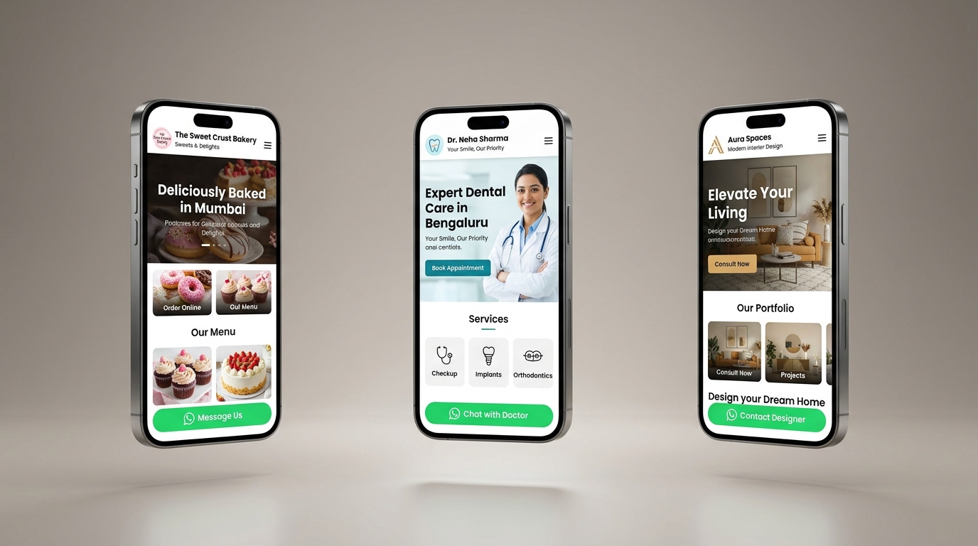 Preview of bakery, clinic, and interior design websites on smartphones with WhatsApp buttons